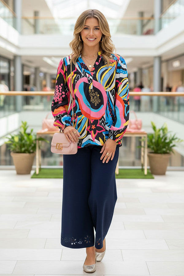 Western patterns printed puff long sleeve women blouse BQ16287