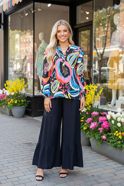 Western patterns printed puff long sleeve women blouse BQ16287