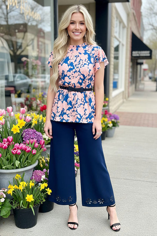 Pink blue floral printed bell short sleeve women top XCH15808