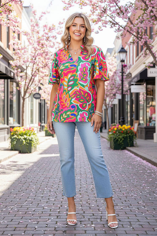 Southern Stitch Multi color floral bell sleeves western women blouse GJQ16381