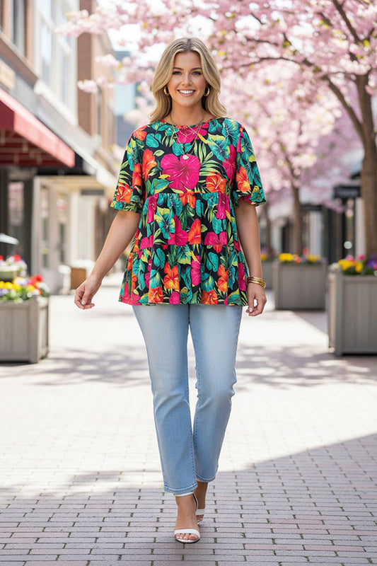 Multicolor flower & leaf printed bell short sleeves baby doll women blouse GJQ16397