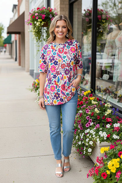 Spring multicolor floral printed short sleeve women top GJQ16622
