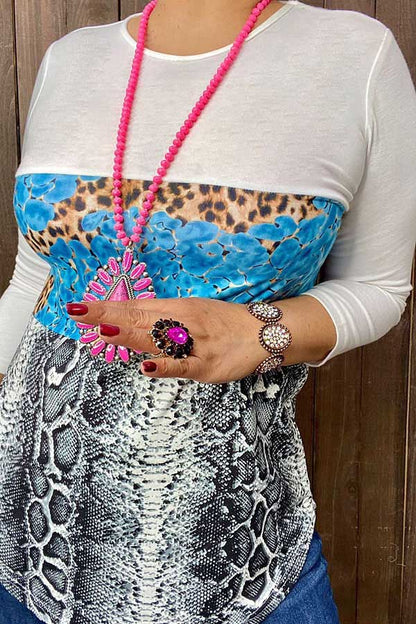 Snake skin/leopard turquoise rock printed 3/4 sleeve tops GJQ8182