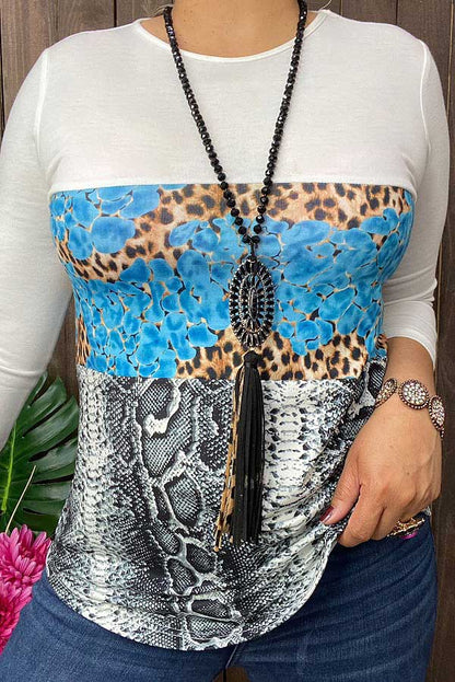 Snake skin/leopard turquoise rock printed 3/4 sleeve tops GJQ8182
