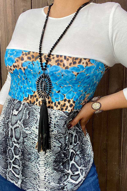 Snake skin/leopard turquoise rock printed 3/4 sleeve tops GJQ8182