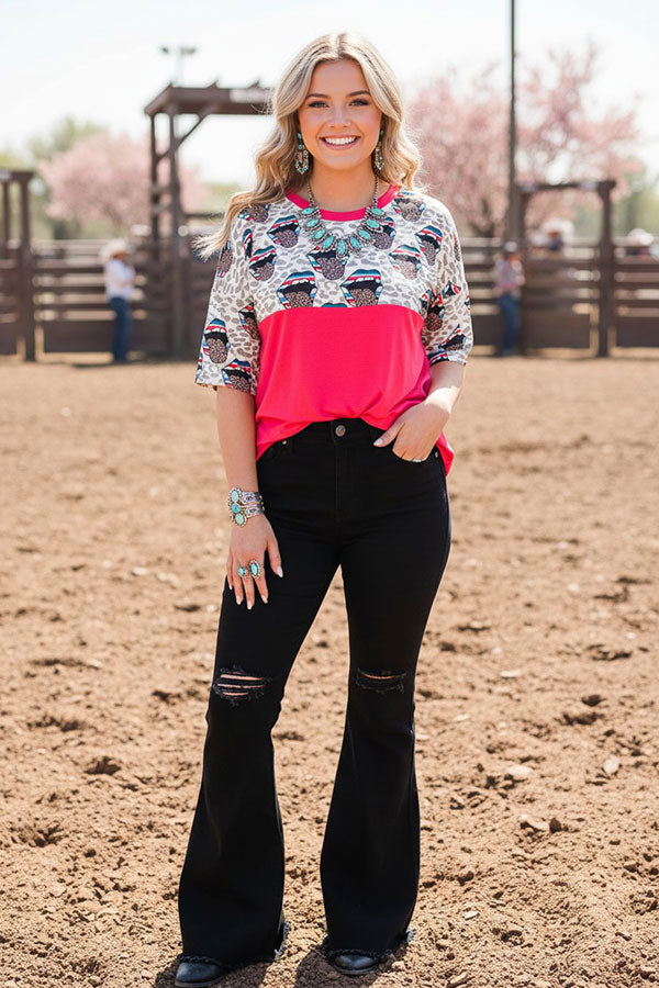 Mouths leopard multi printed block red short sleeves women tops FW9820