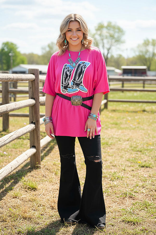 Glitter boots printed pink short sleeve women top DLH14240