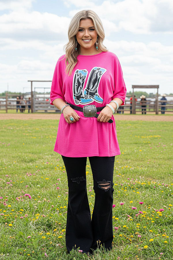 Glitter boots printed pink short sleeve women top DLH14240