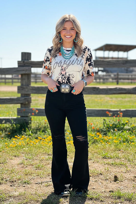 DLH14163 Cow horse riding multi color printed short sleeves women tops