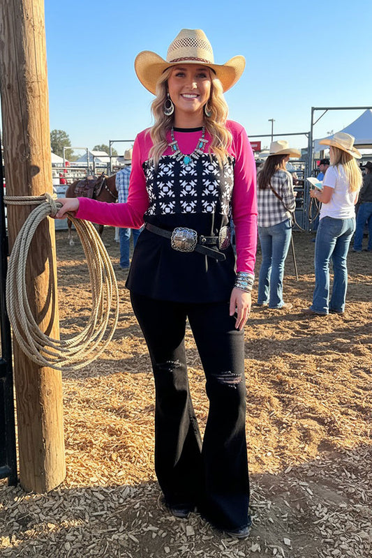 White graphic with block pink/black long sleeve women tops GJQ15226