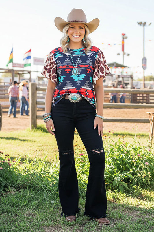 Aztec and Leopard multi color printed bell short sleeves women tops GJQ14404