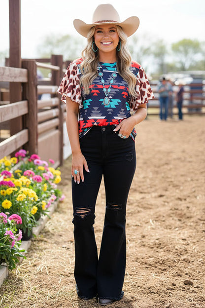 Aztec and Leopard multi color printed bell short sleeves women tops GJQ14404