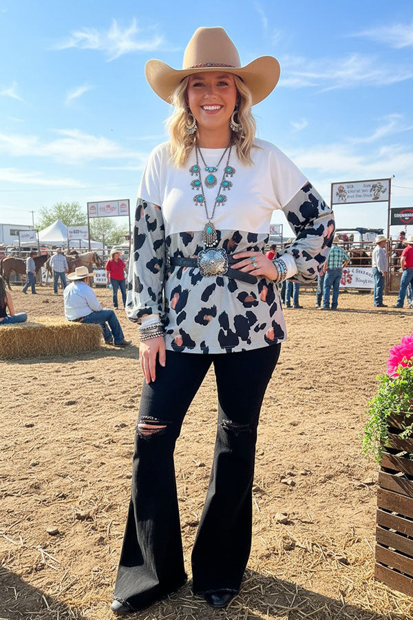 Leopard & white color block long sleeve women blouse GJQ14288