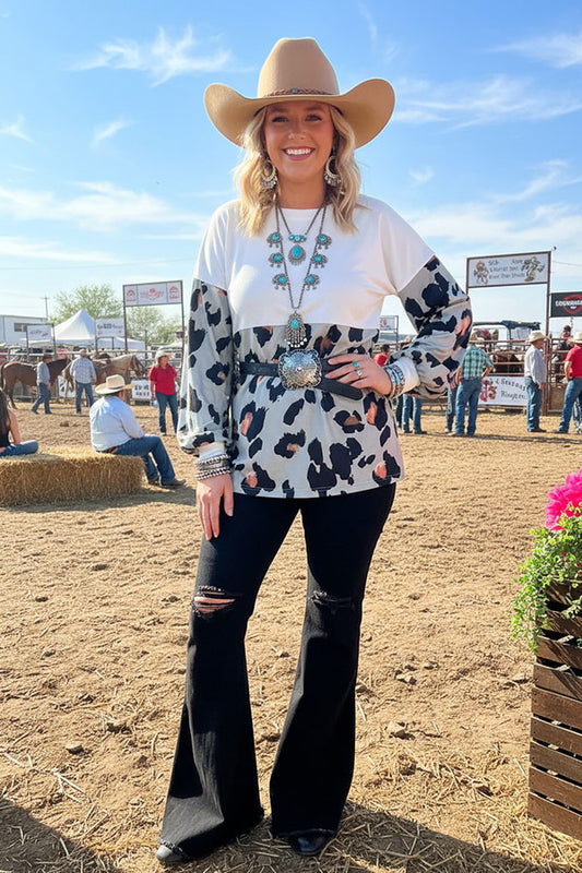 Leopard & white color block long sleeve women blouse GJQ14288