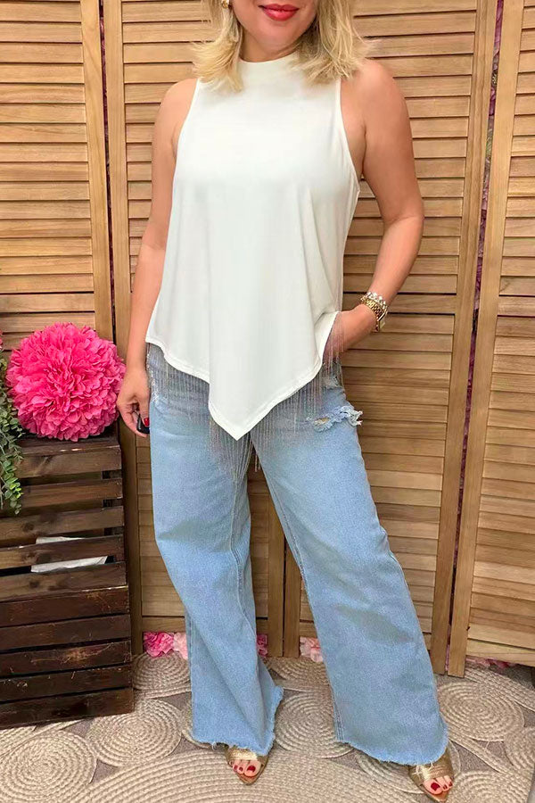 BQ14863 High low White sleeveless women top with rhinestone fringe