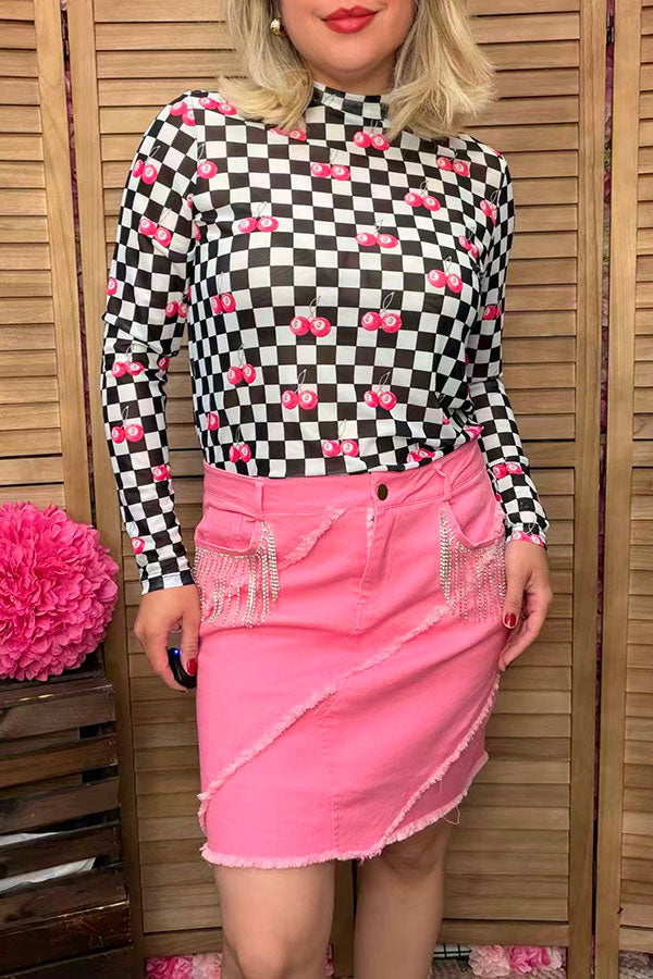 Southern Stitch Checkered 8-ball cherries printed sheer long sleeve women blouse XCH17027