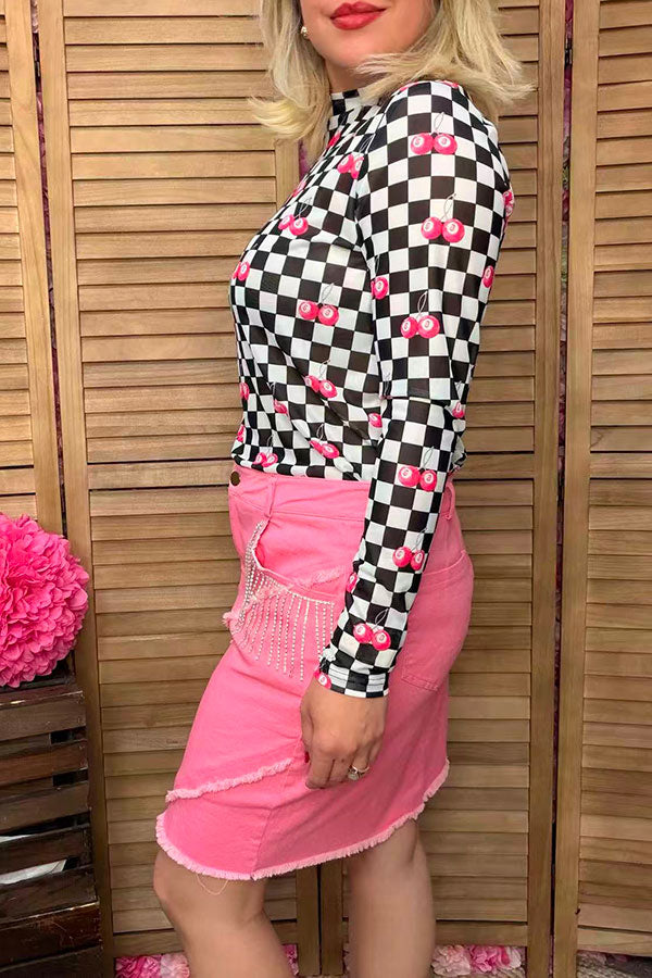 Southern Stitch Checkered 8-ball cherries printed sheer long sleeve women blouse XCH17027