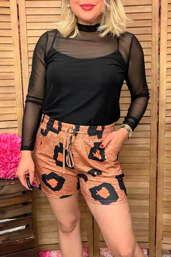 Casual brown leopard high waist w/elastic women's short YMY15006