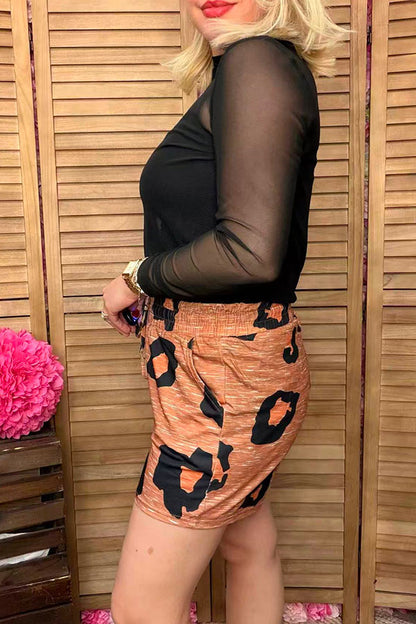 Casual brown leopard high waist w/elastic women's short YMY15006