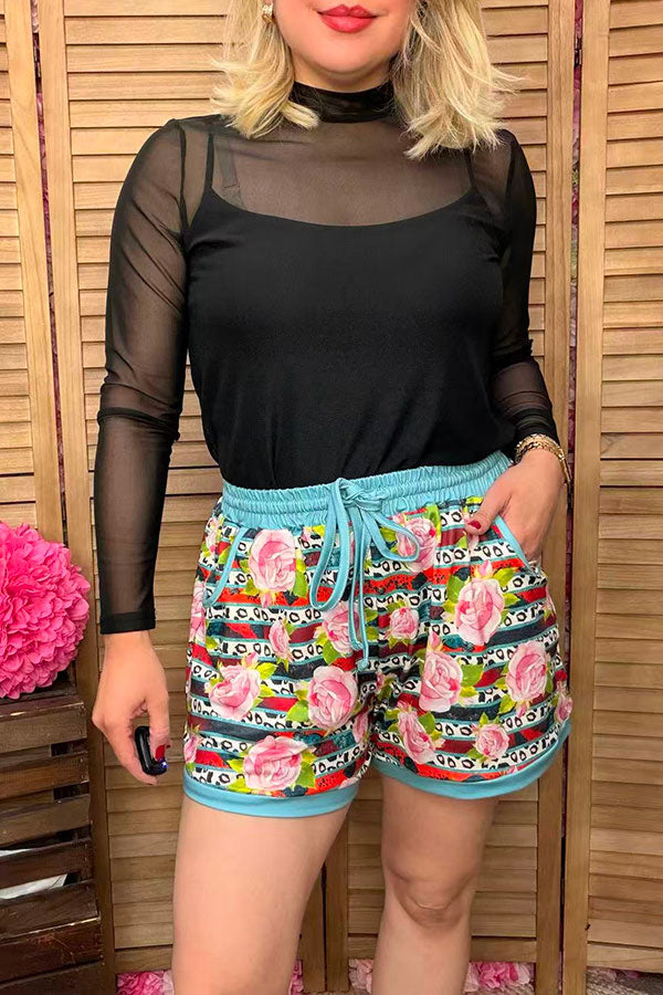 Striped leopard & roses printed women shorts w adjustable waist strap DLH11721
