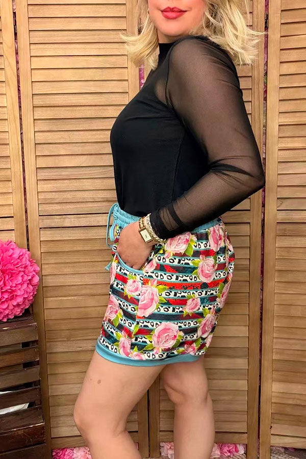 Striped leopard & roses printed women shorts w adjustable waist strap DLH11721