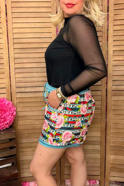 Striped leopard & roses printed women shorts w adjustable waist strap DLH11721