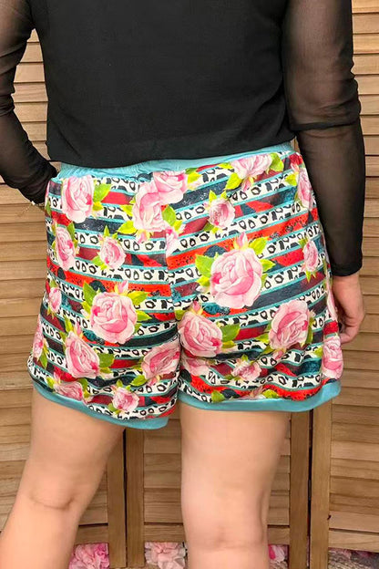 Striped leopard & roses printed women shorts w adjustable waist strap DLH11721