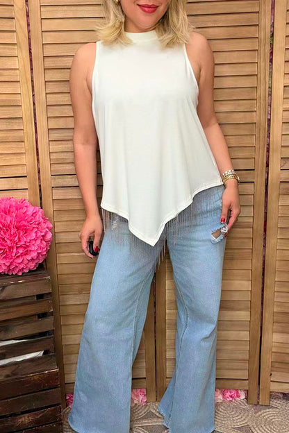 BQ14863 High low White sleeveless women top with rhinestone fringe
