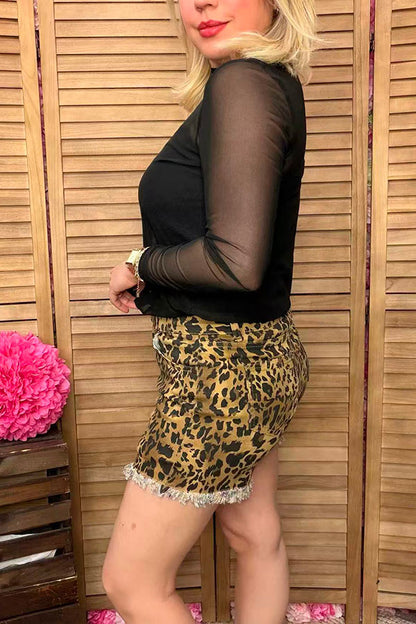 Women's denim shorts wholesale Leopard prints denim shorts with pockets S023