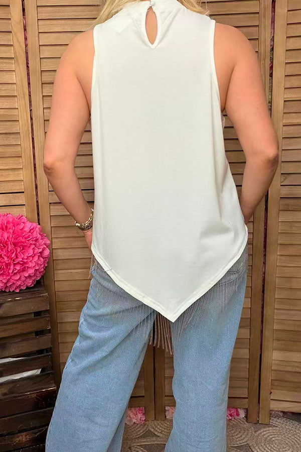 BQ14863 High low White sleeveless women top with rhinestone fringe