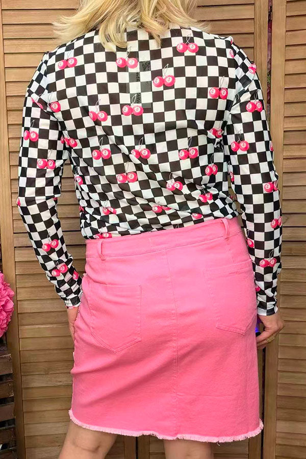 Southern Stitch Checkered 8-ball cherries printed sheer long sleeve women blouse XCH17027