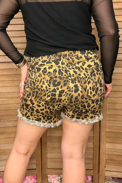 Women's denim shorts wholesale Leopard prints denim shorts with pockets S023