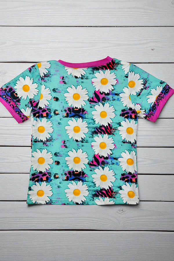 Western daisy & animal printed short sleeve girls t-shirt D10821-1