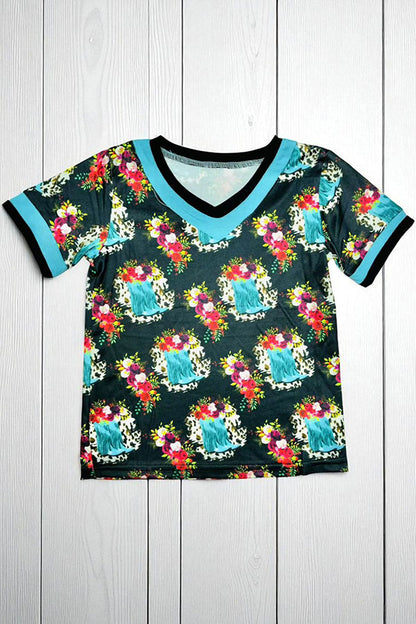 Western boots & floral printed short sleeve girls t-shirt D10821-3