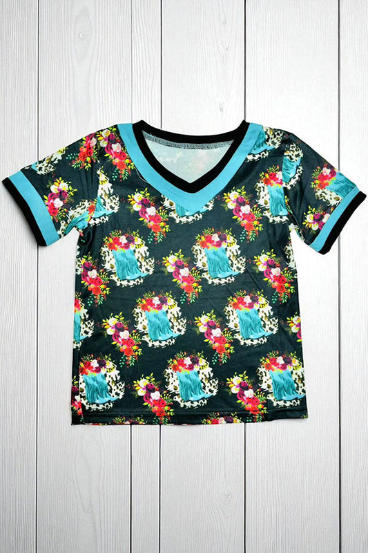 Western boots & floral printed short sleeve girls t-shirt D10821-3