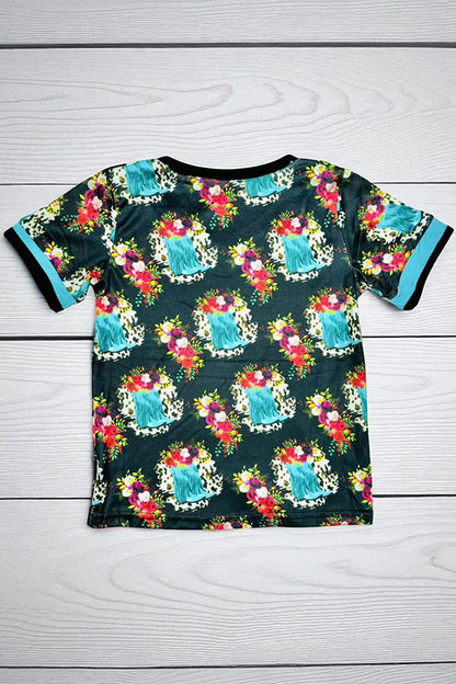 Western boots & floral printed short sleeve girls t-shirt D10821-3