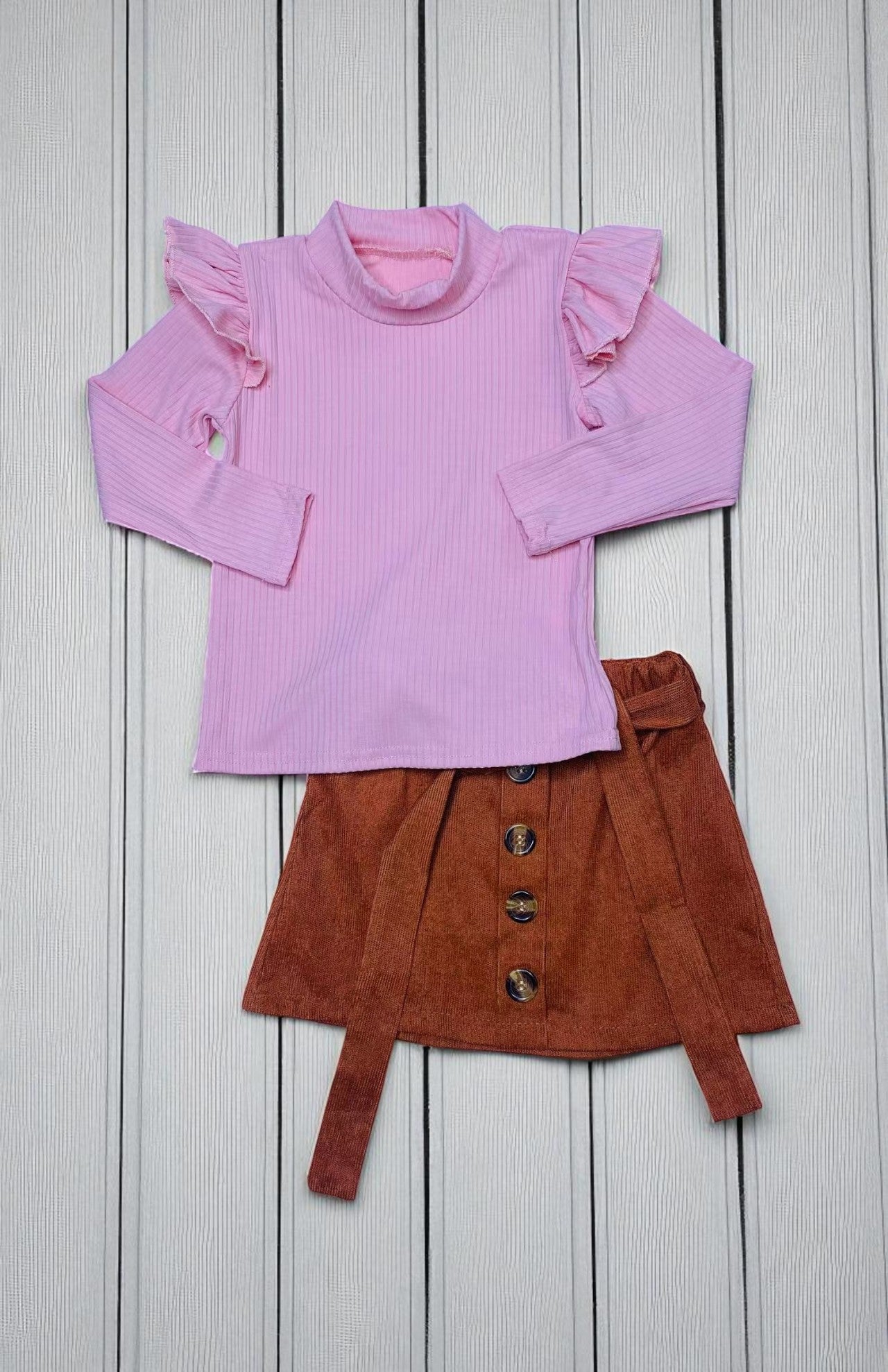 Ribbed knitted fabric long sleeve top brown skirt 2pc girls sets D2813