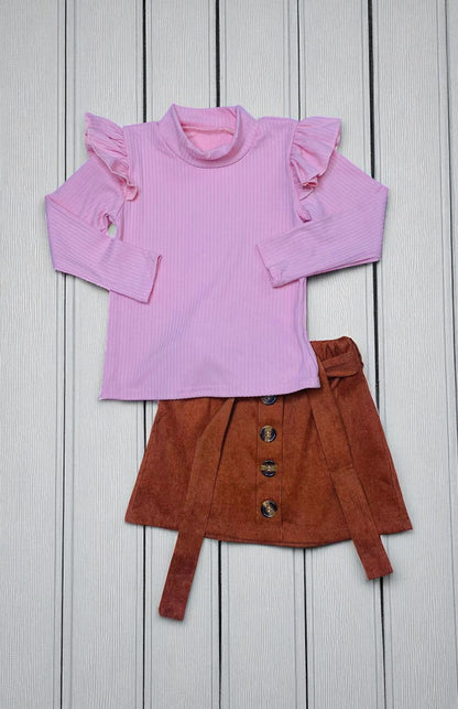 Ribbed knitted fabric long sleeve top brown skirt 2pc girls sets D2813