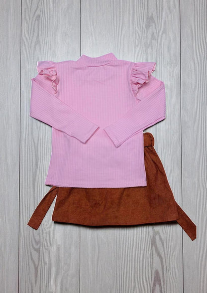 Ribbed knitted fabric long sleeve top brown skirt 2pc girls sets D2813