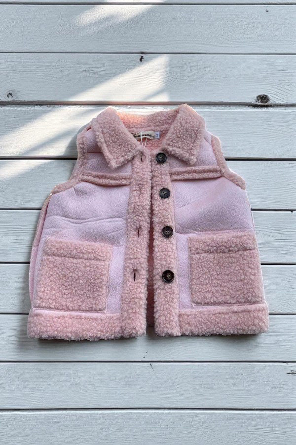 Pink sherpa sleeveless reversible girls vest w/buttons up XCH03031