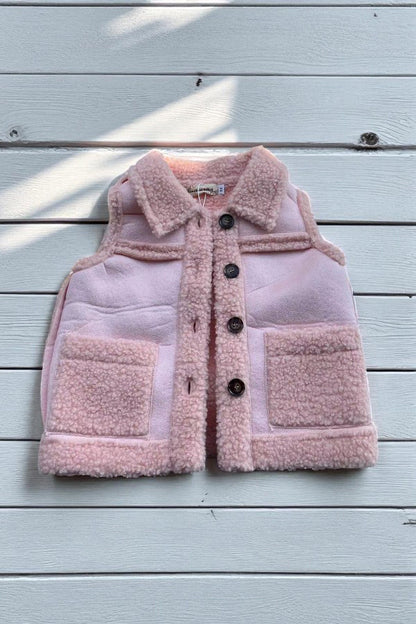 Pink sherpa sleeveless reversible girls vest w/buttons up XCH03031