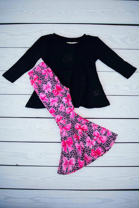 Knitted black long sleeve top bows printed pink pant 2pcs girls sets XCH04040