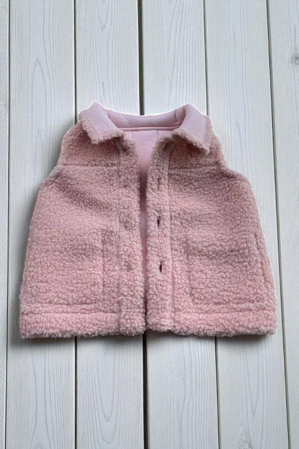Pink sherpa sleeveless reversible girls vest w/buttons up XCH03031