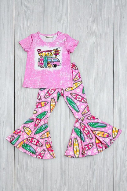 "SUMMER VIBES" pink van & surfing boards 2pc girls sets XCH0666-11