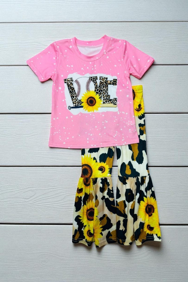 LOVE Base ball & sunflower printed 2pc girls set D0923-34