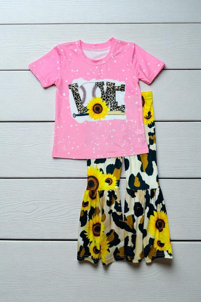 LOVE Base ball & sunflower printed 2pc girls set D0923-34