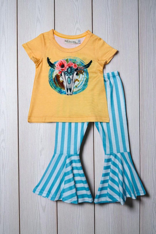 Western Bull skull & white/aqua stripped 2pc girls set X0777-31