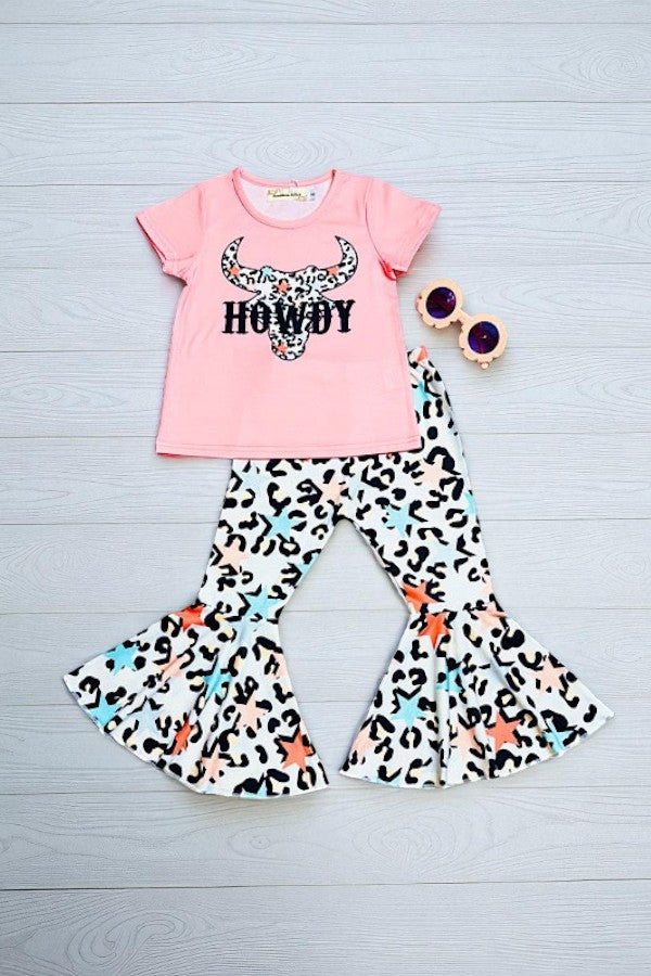 "HOWDY" bull top w/multicolor cheetah & stars bell bottoms 2pc set X0666-10
