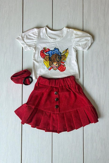 Wholesale Cute bull prints white top red skirt 2pc girls sets D2533