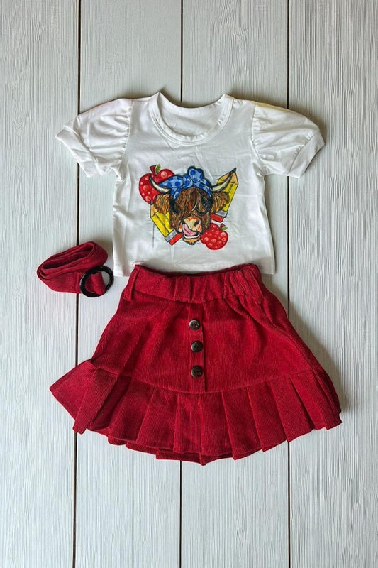 Wholesale Cute bull prints white top red skirt 2pc girls sets D2533